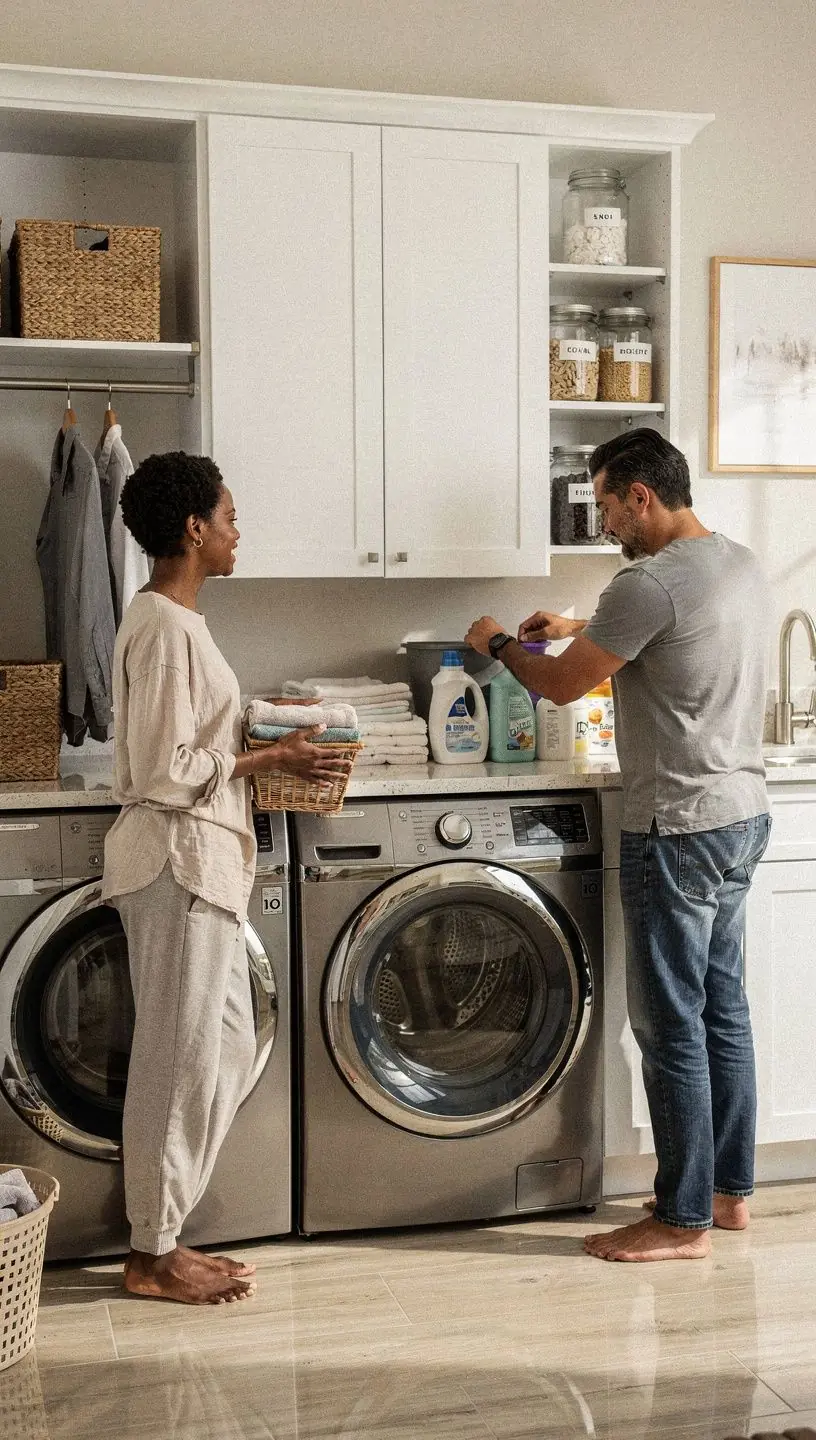 Kuchnia w stylu skandynawskim z jasnymi szafkami i drewnianym blatem.