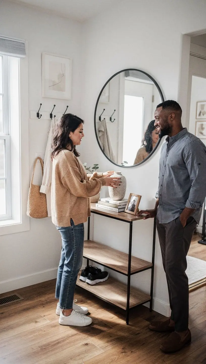 Przestronny pokój dzienny z eleganckimi meblami i dużymi oknami.