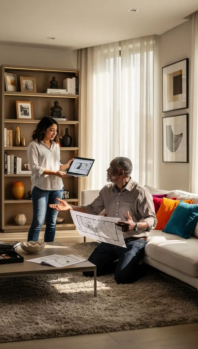 Sypialnia z przytulnym oświetleniem i nowoczesnymi meblami sprzyjającymi wypoczynkowi.