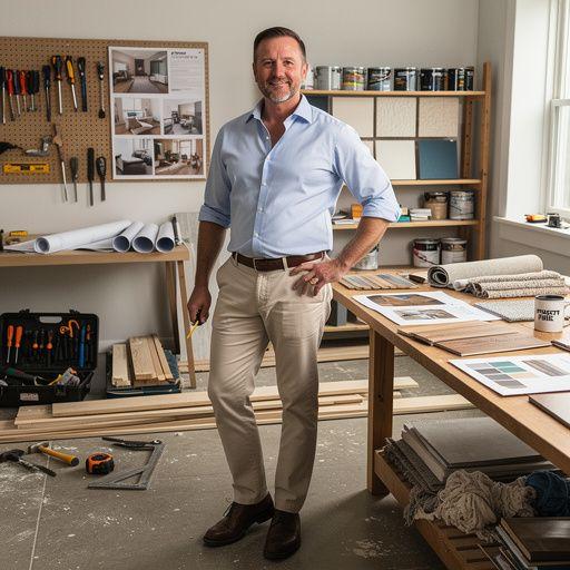 Jasny korytarz z dekoracyjnymi obrazami i roślinami doniczkowymi.